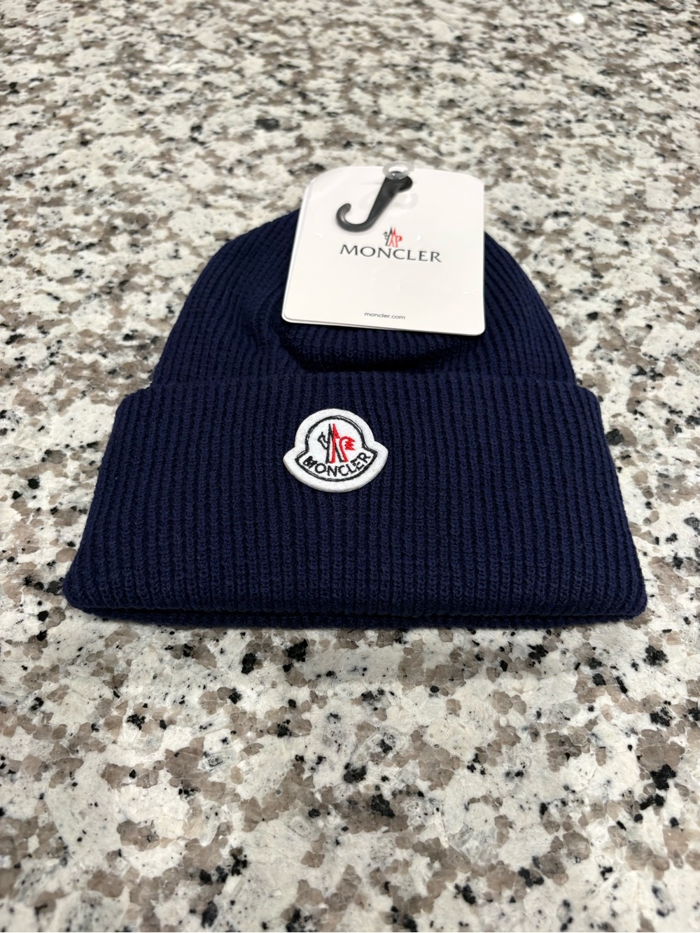 Moncler Navy Ribbed Cuff Beanie with Logo Patch